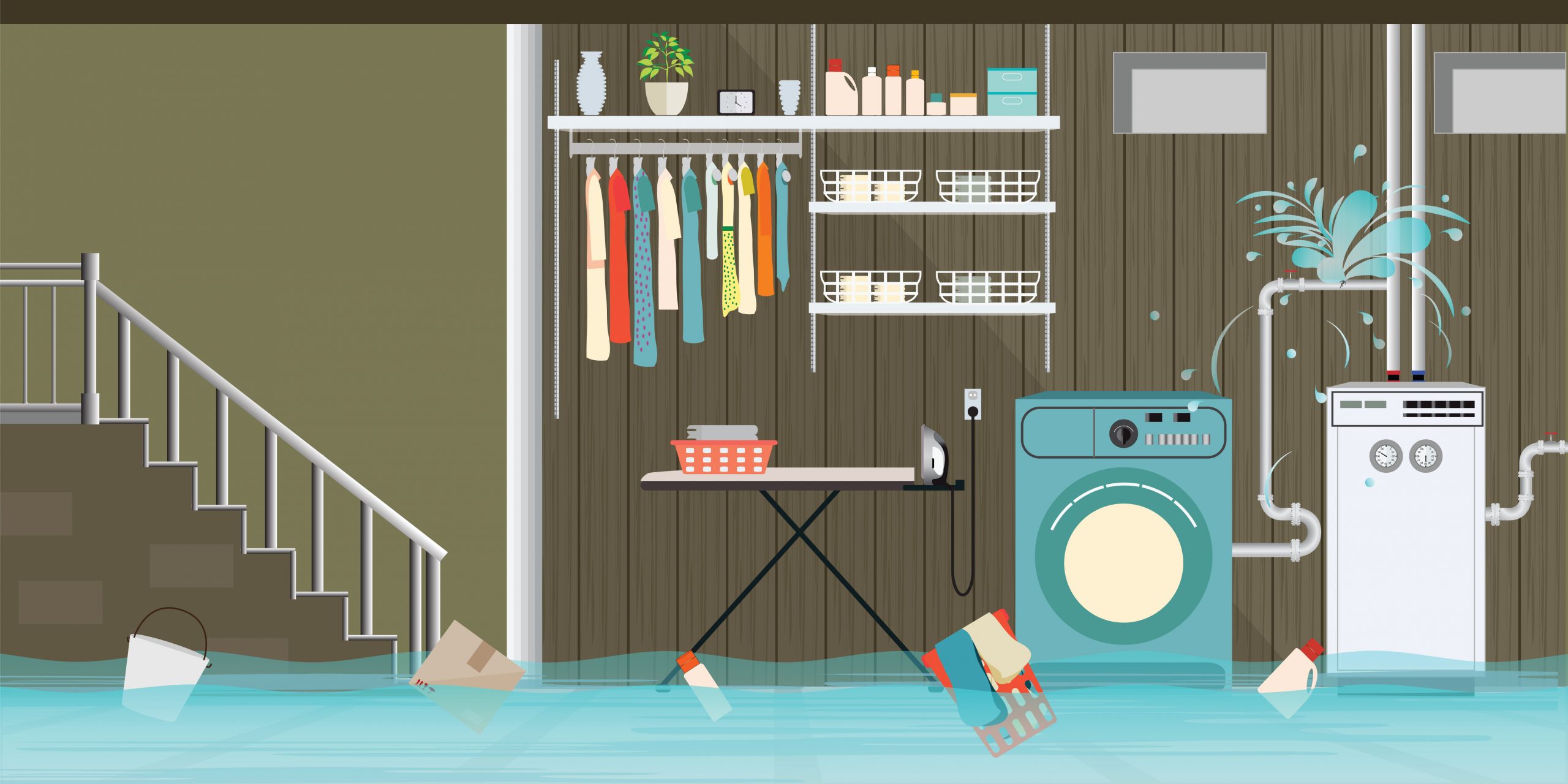 Interior flooded basement flooring of laundry room with leaky pipeline, vector illustration.
