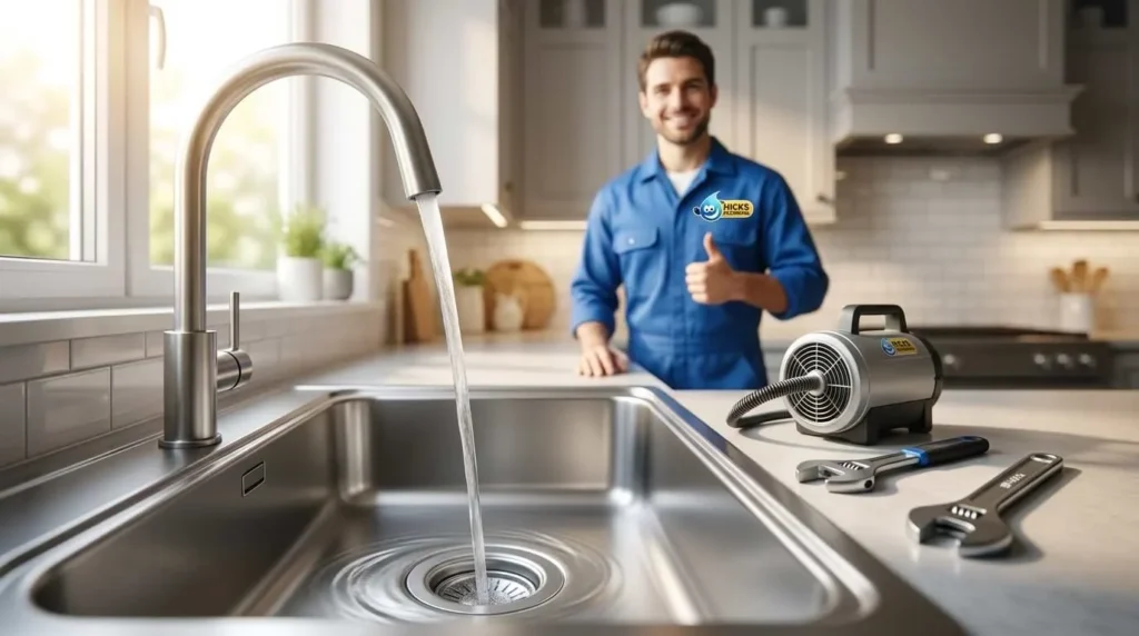 A plumber with the Hicks Plumbing logo on his uniform, standing in a kitchen with a modern stainless steel sink and drain cleaning tools on the counter, giving a thumbs up. A stream of clean water flows from the faucet.