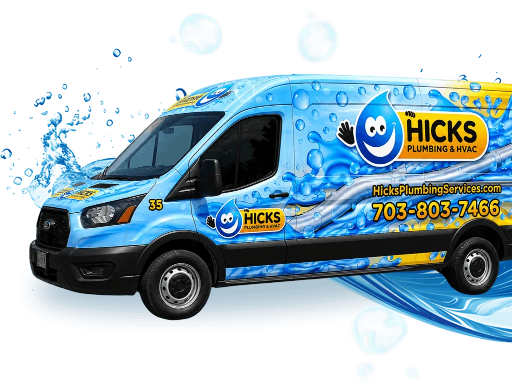 Hicks Plumbing Services blue service van wrapped with water splash branding and contact information
