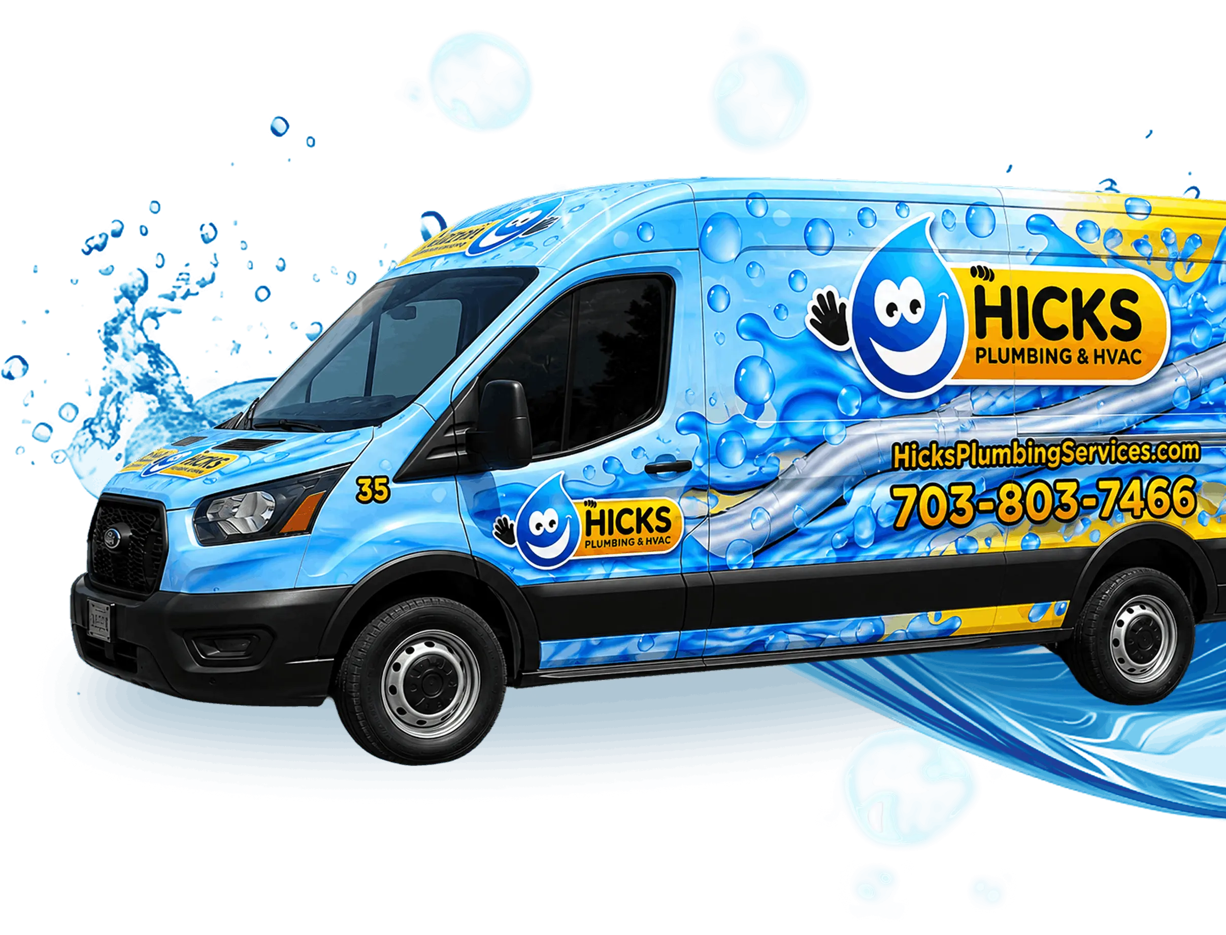 Hicks Plumbing Services blue service van wrapped with water splash branding and contact information