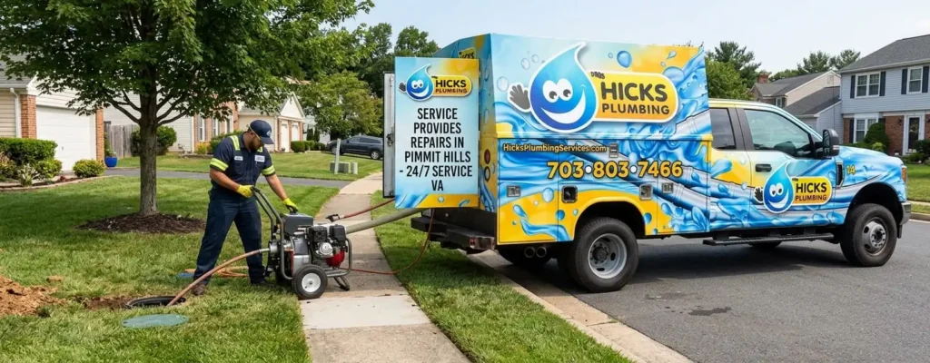 Hicks Plumbing service truck parked in a residential neighborhood offering trenchless sewer repairs in Pimmit Hills, VA.