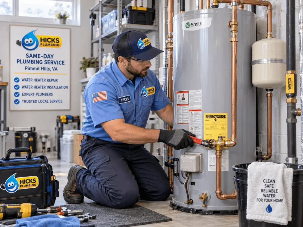 A professional Hicks Plumbing technician in a branded blue uniform servicing a residential water heater tank in Pimmit Hills, VA.