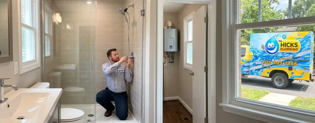 A professional Hicks Plumbing technician carefully adjusting modern shower head fixtures inside a clean, modern bathroom with the service truck parked outside.