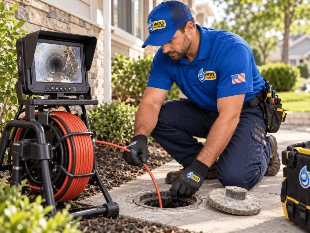 Licensed plumber performing a sewer line camera inspection outside a residential home in Pimmit Hills VA