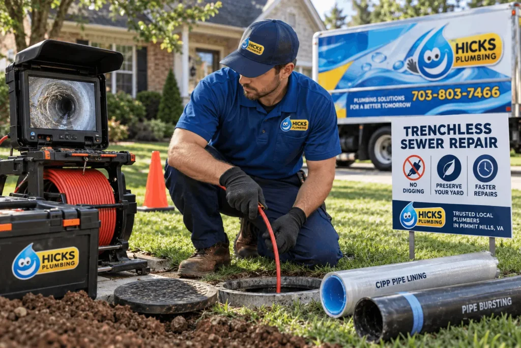 Licensed Hicks Plumbing technician performing trenchless sewer repair and CIPP pipe lining inspection outside a home in Pimmit Hills VA