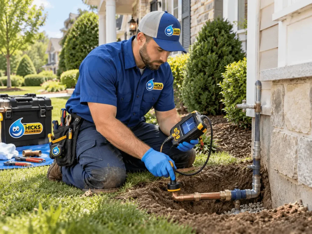 Licensed plumber using electronic leak detection equipment to locate a main water line leak outside a home in Pimmit Hills VA